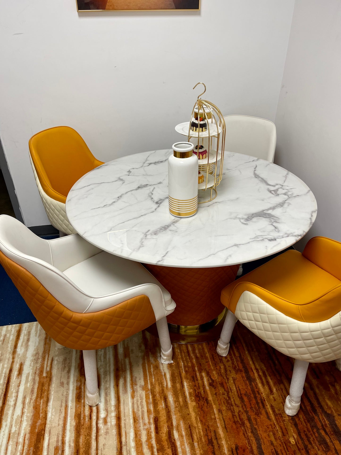 Orange Modern Round Marble Top Dining Table Set