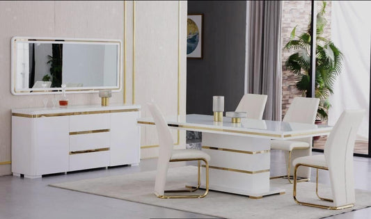 White Tempered Glass with Gold Trim  Dining Room Set