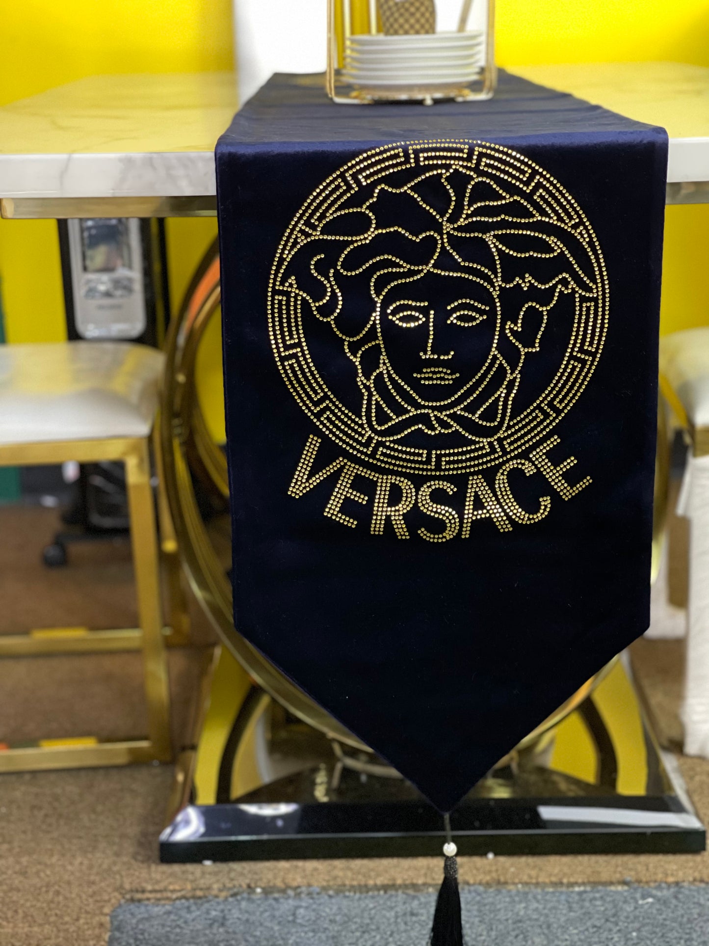 Blue with Gold Stone Embroidery Chanel Table Runner