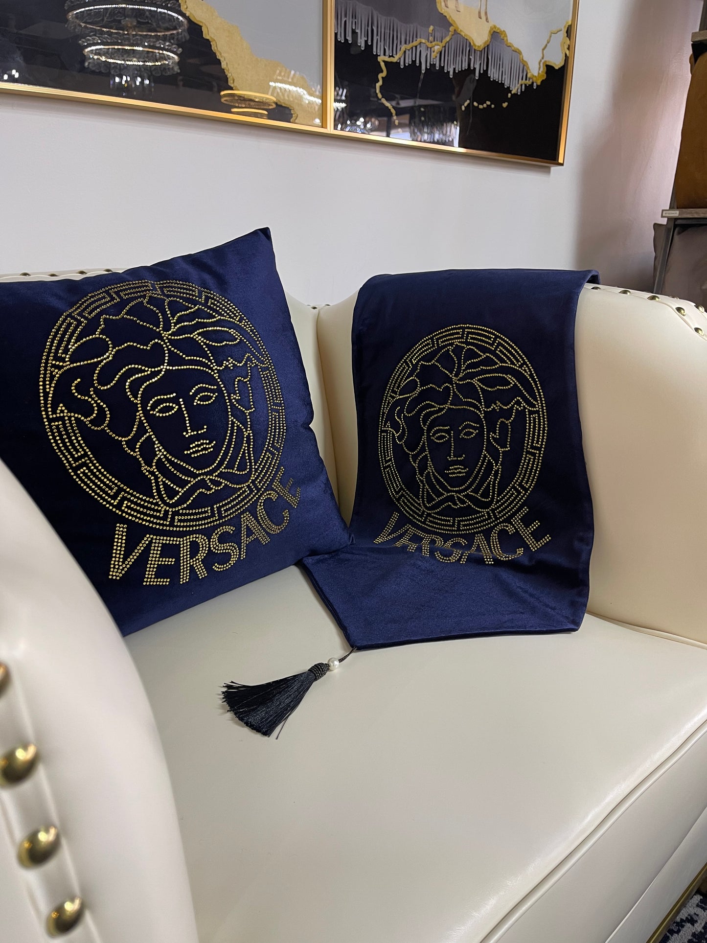 Blue Versace Throw Pillow