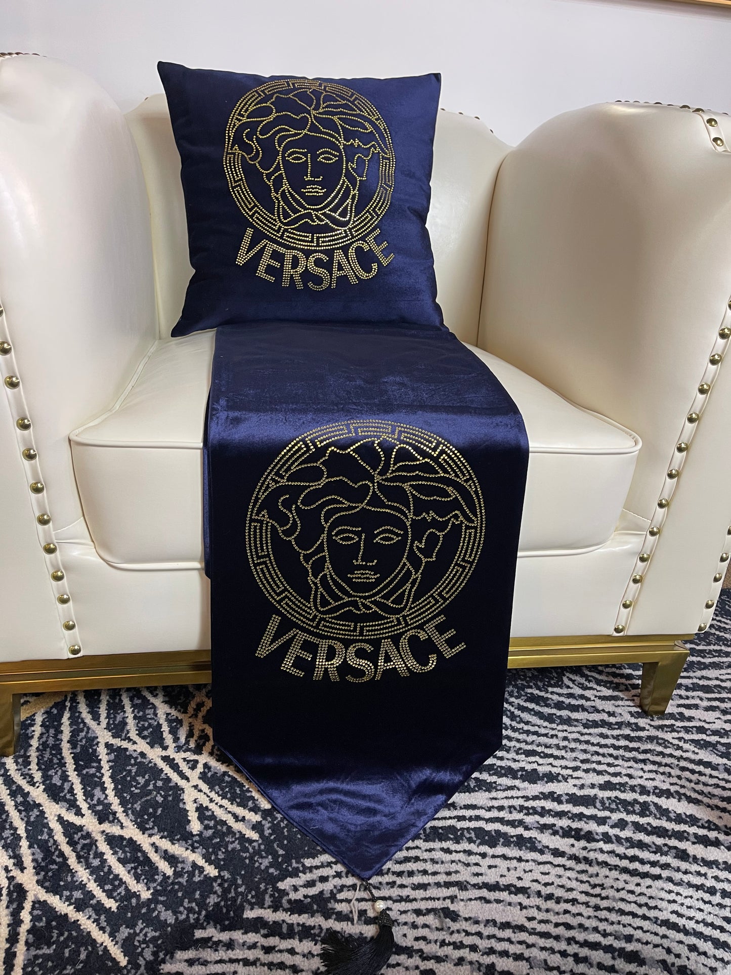 Blue Embroidered Versace Table Runner