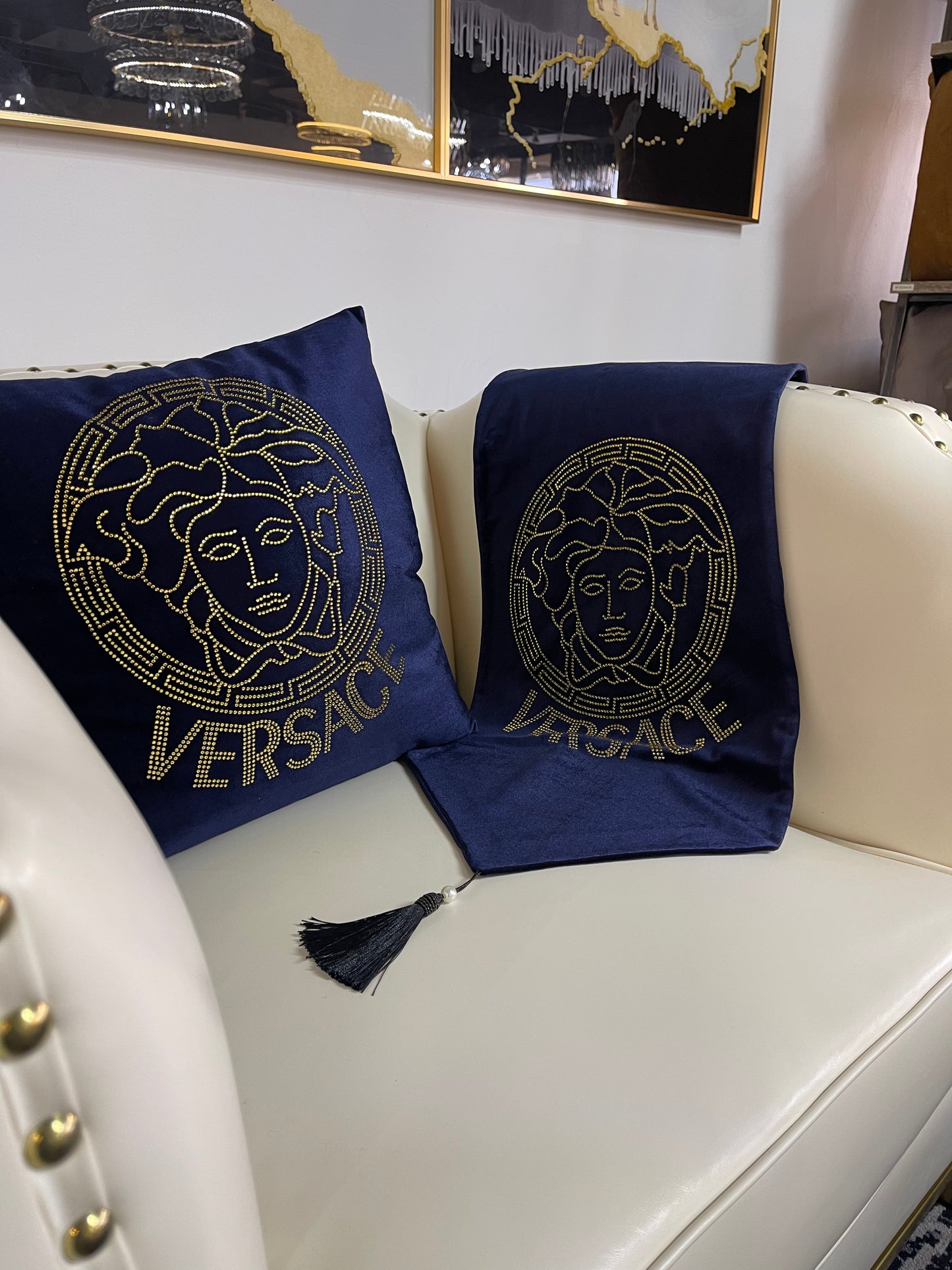 Blue with Gold Stone Embroidery Chanel Table Runner