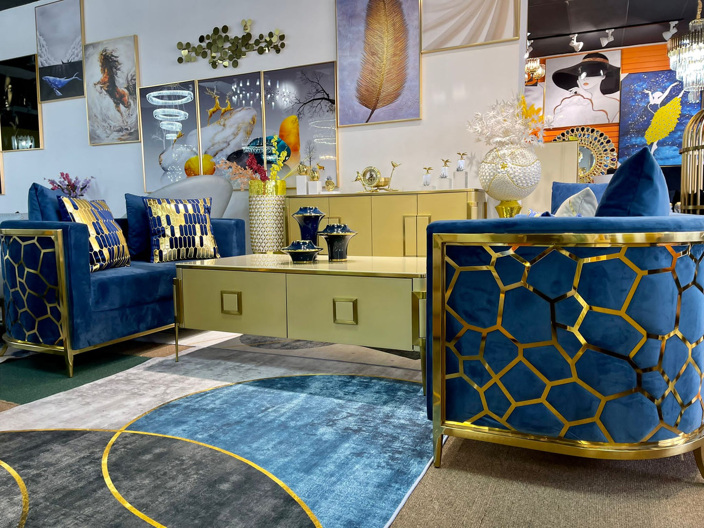 Blue With Gold Sofa Living Room Set