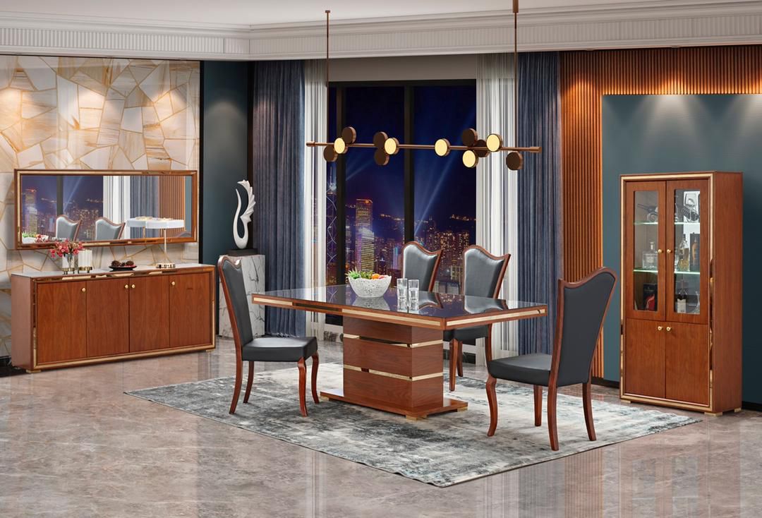 Wooden With Gold Trim Tempered Glass Top Dining Room set