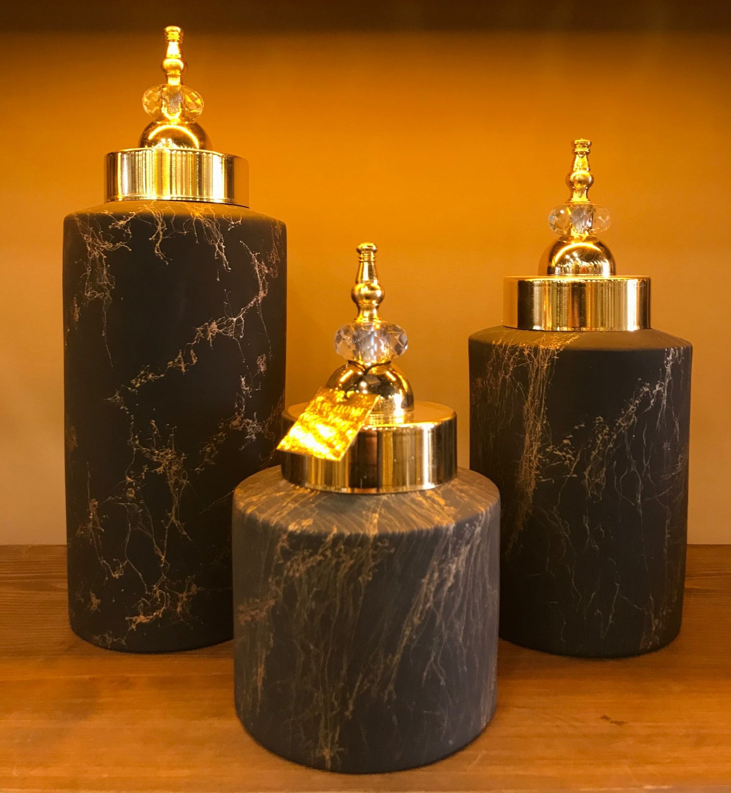 G-VJSER06 3-1 Gold Trim Black Decorative Jar Set