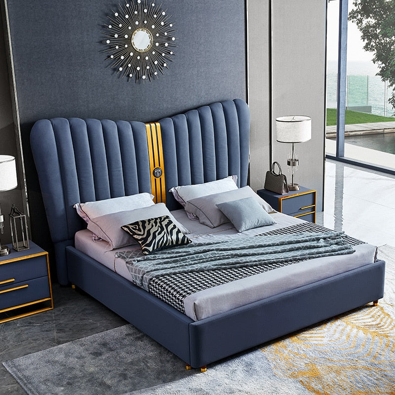 Blue Modern Leather and Titanium Gold Steel Bed