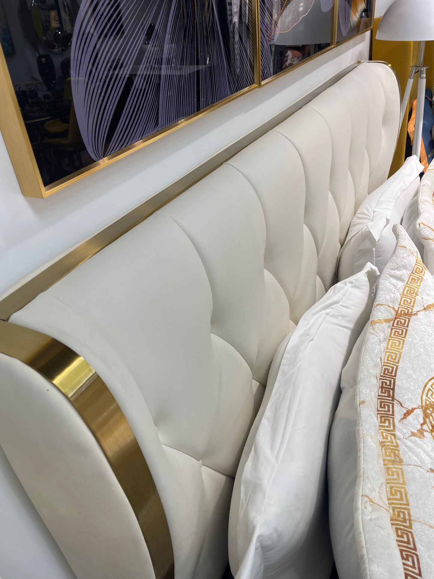 White/Cream leather Titanium Gold Trim Bed