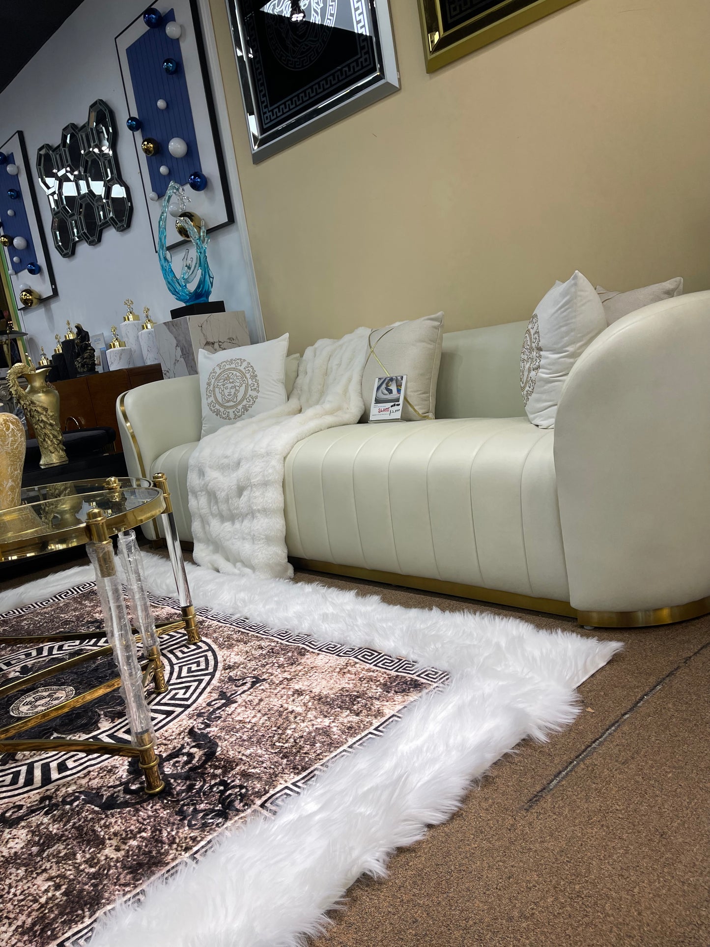 Upgrade Your Living Room with Off-White/Cream Genuine Leather Settee | Titanium Gold Trim | Comfortable Sofa & Armchair