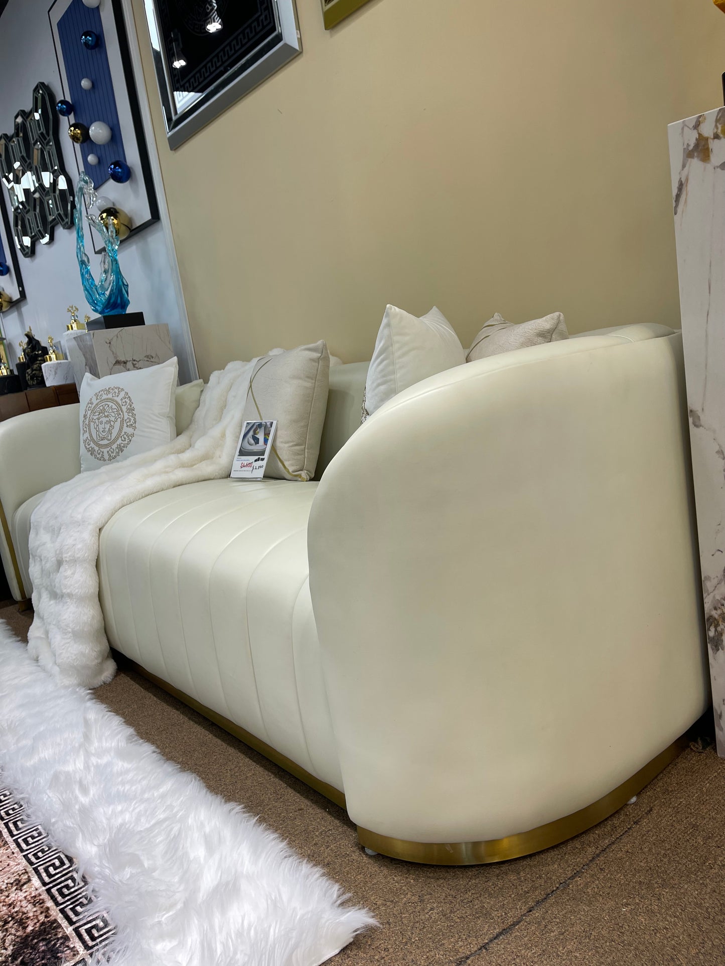 Upgrade Your Living Room with Off-White/Cream Genuine Leather Settee | Titanium Gold Trim | Comfortable Sofa & Armchair