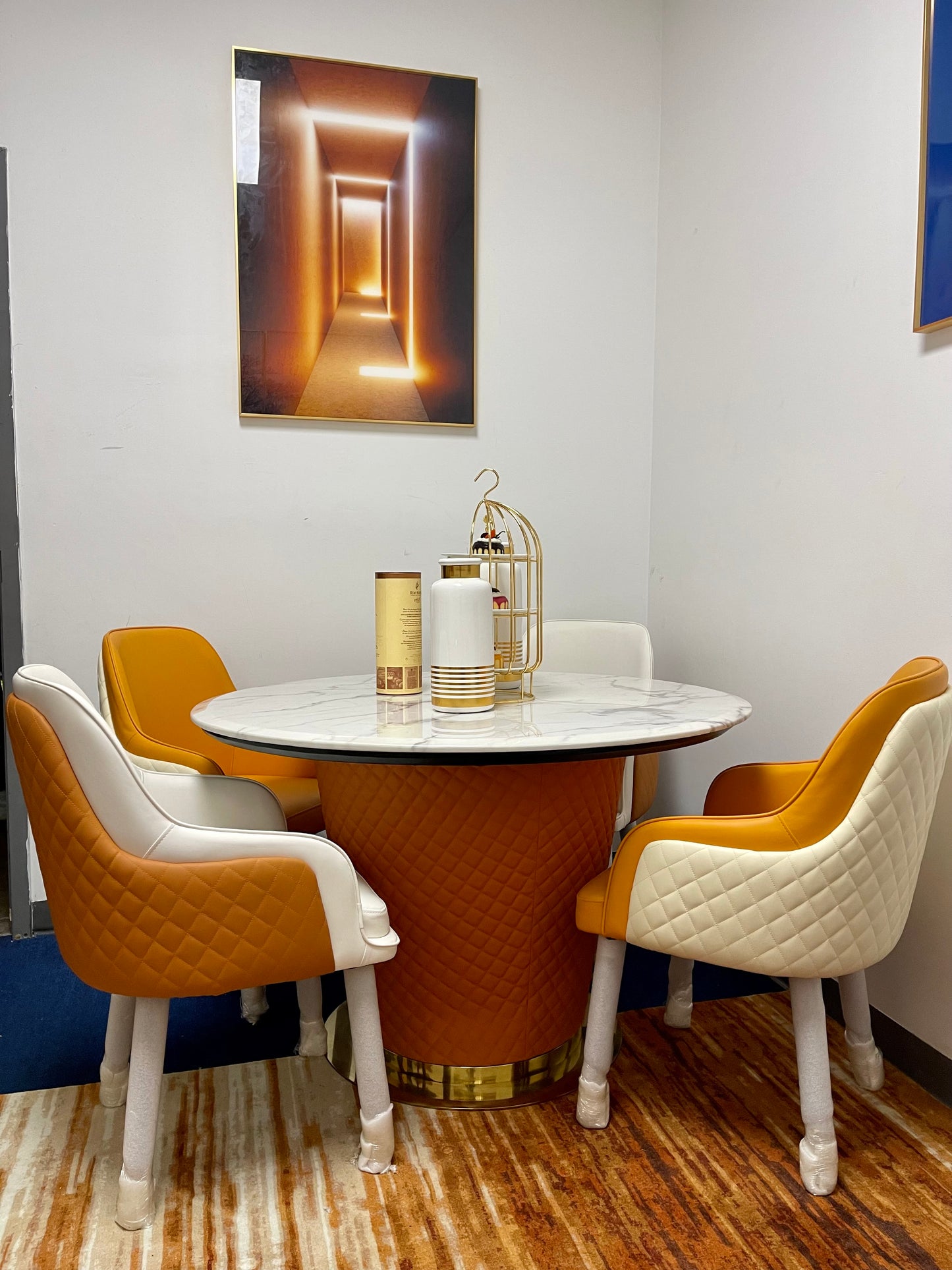 Orange Modern Round Marble Top Dining Table Set