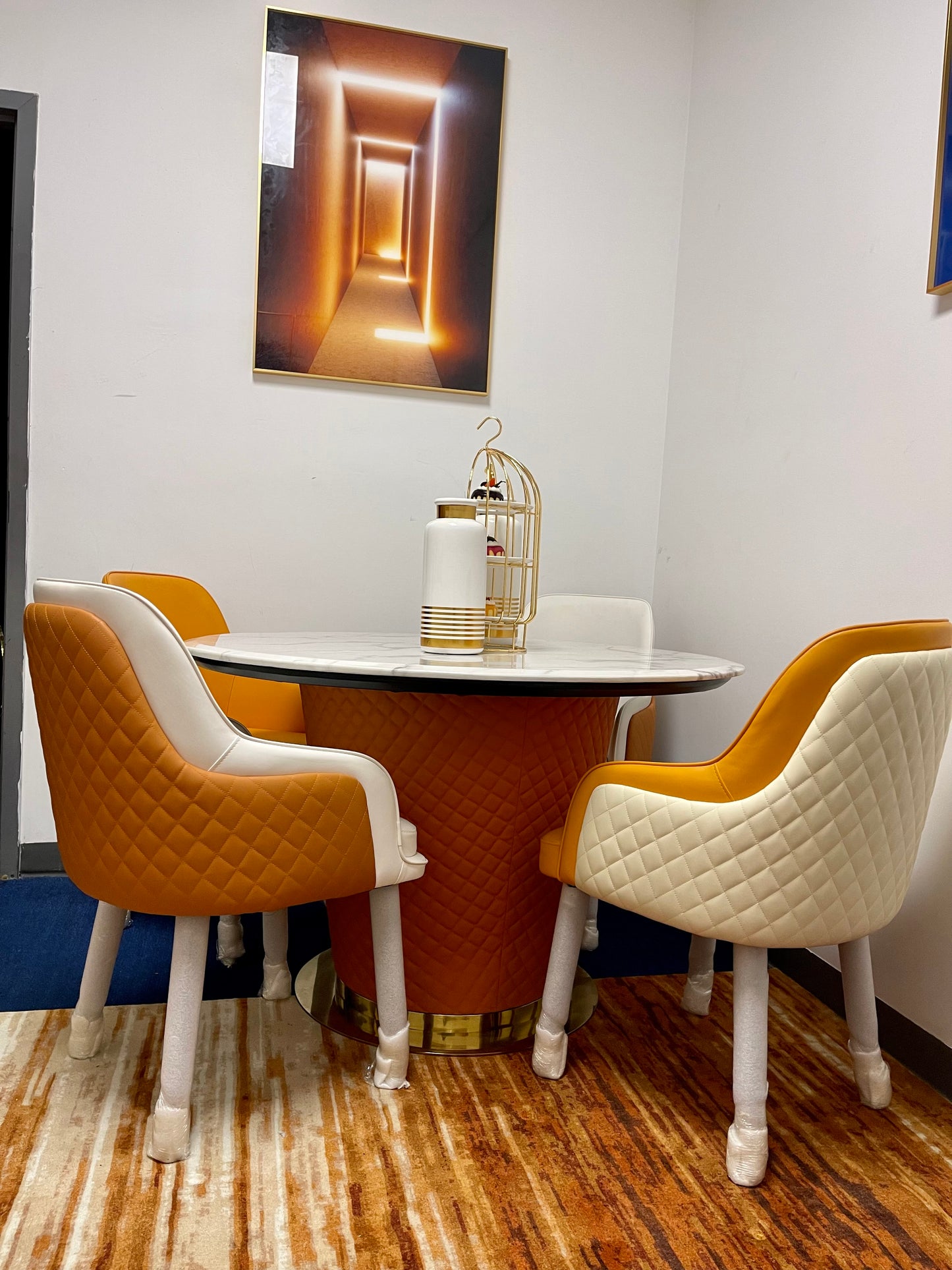 Orange Modern Round Marble Top Dining Table Set