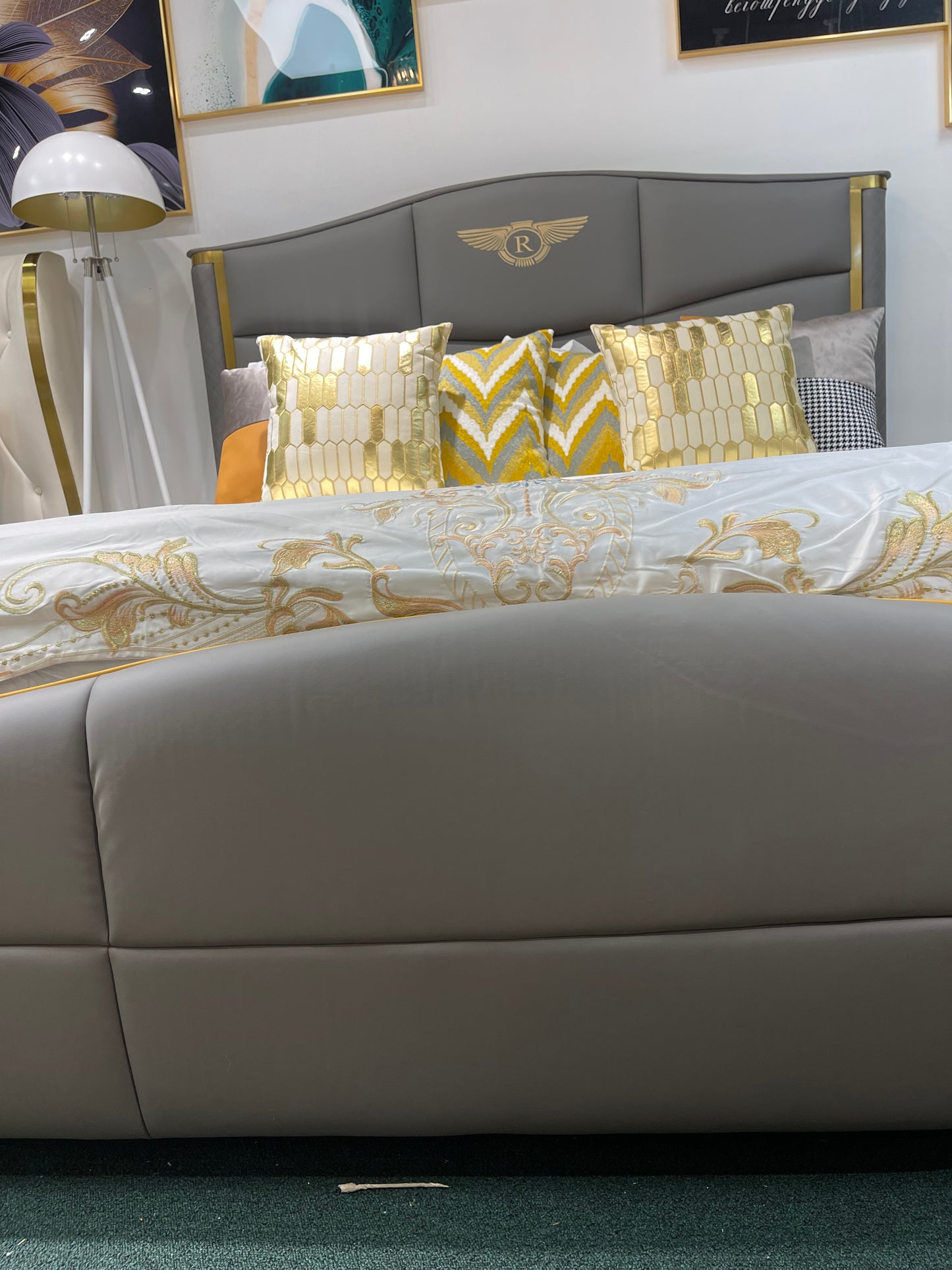 Gray leather Titanium Gold Trim Bed