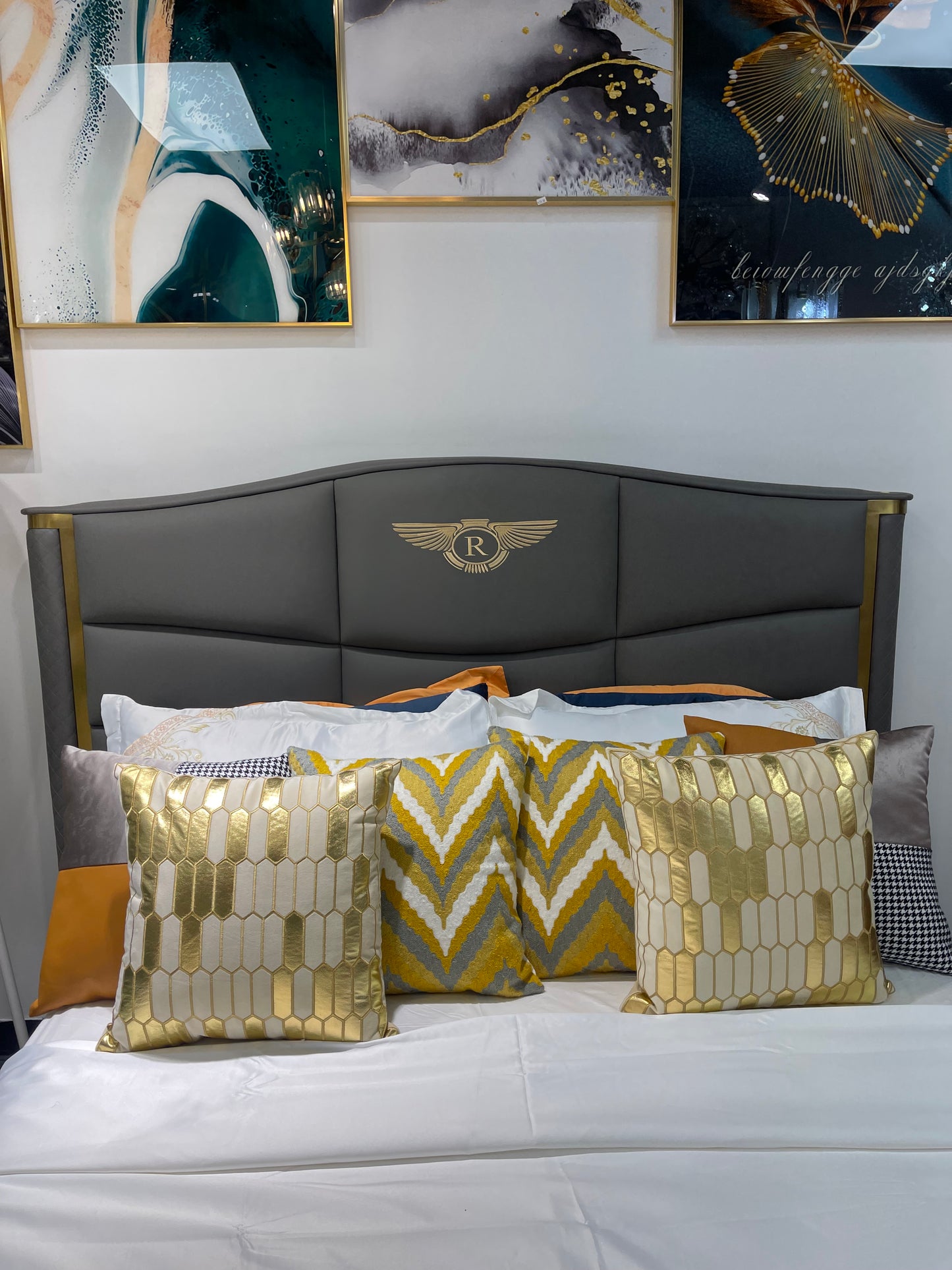 Gray leather Titanium Gold Trim Bed