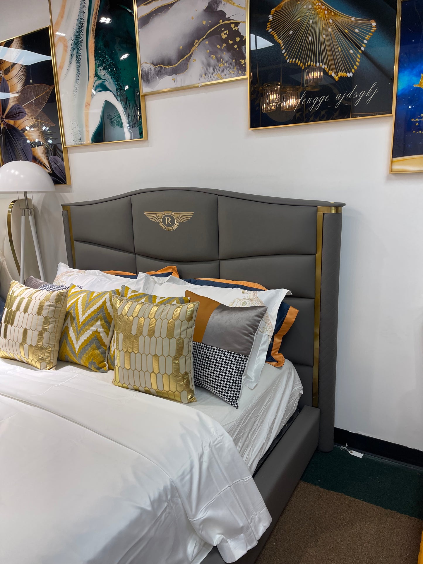 Gray leather Titanium Gold Trim Bed