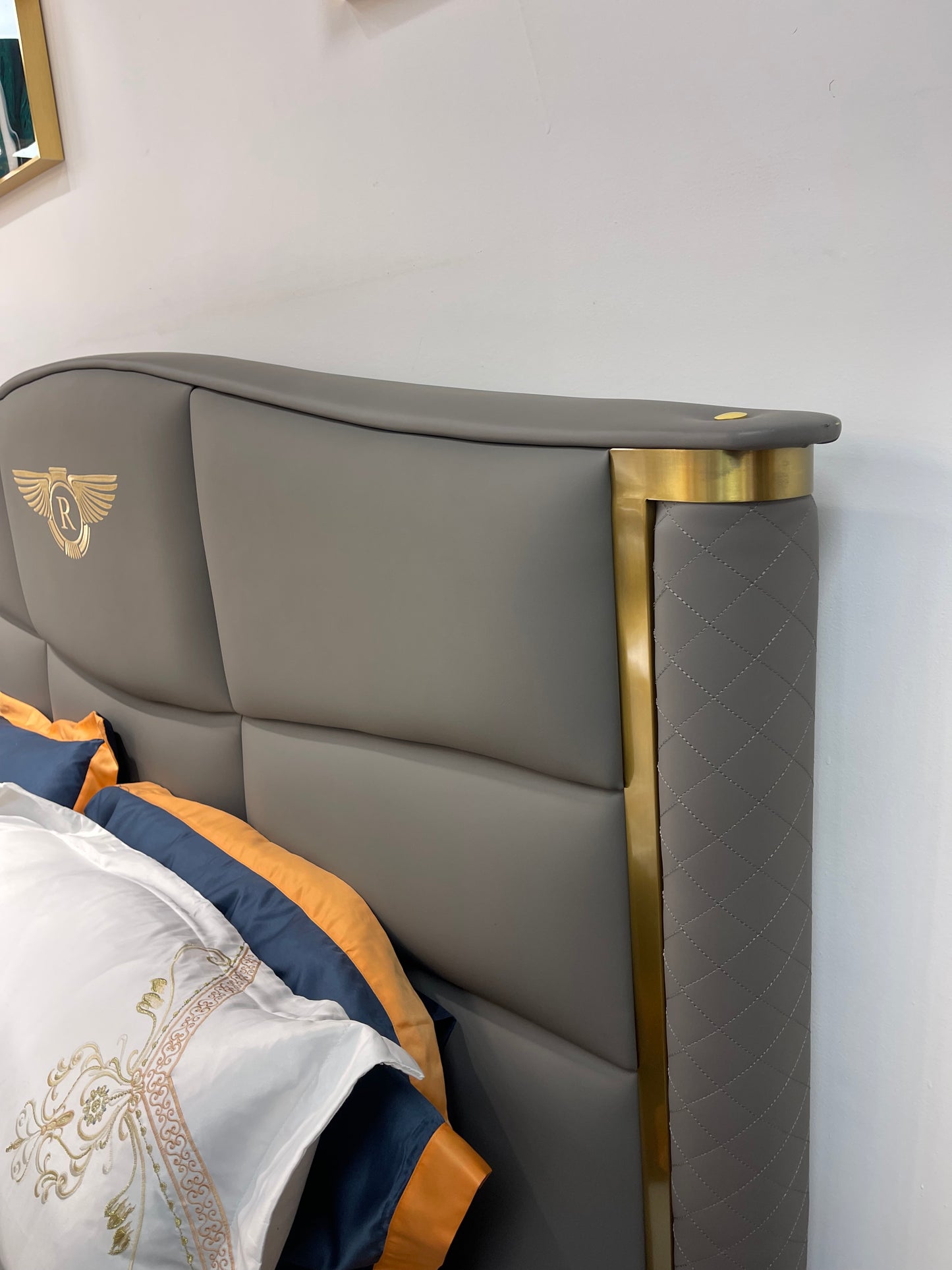 Gray leather Titanium Gold Trim Bed