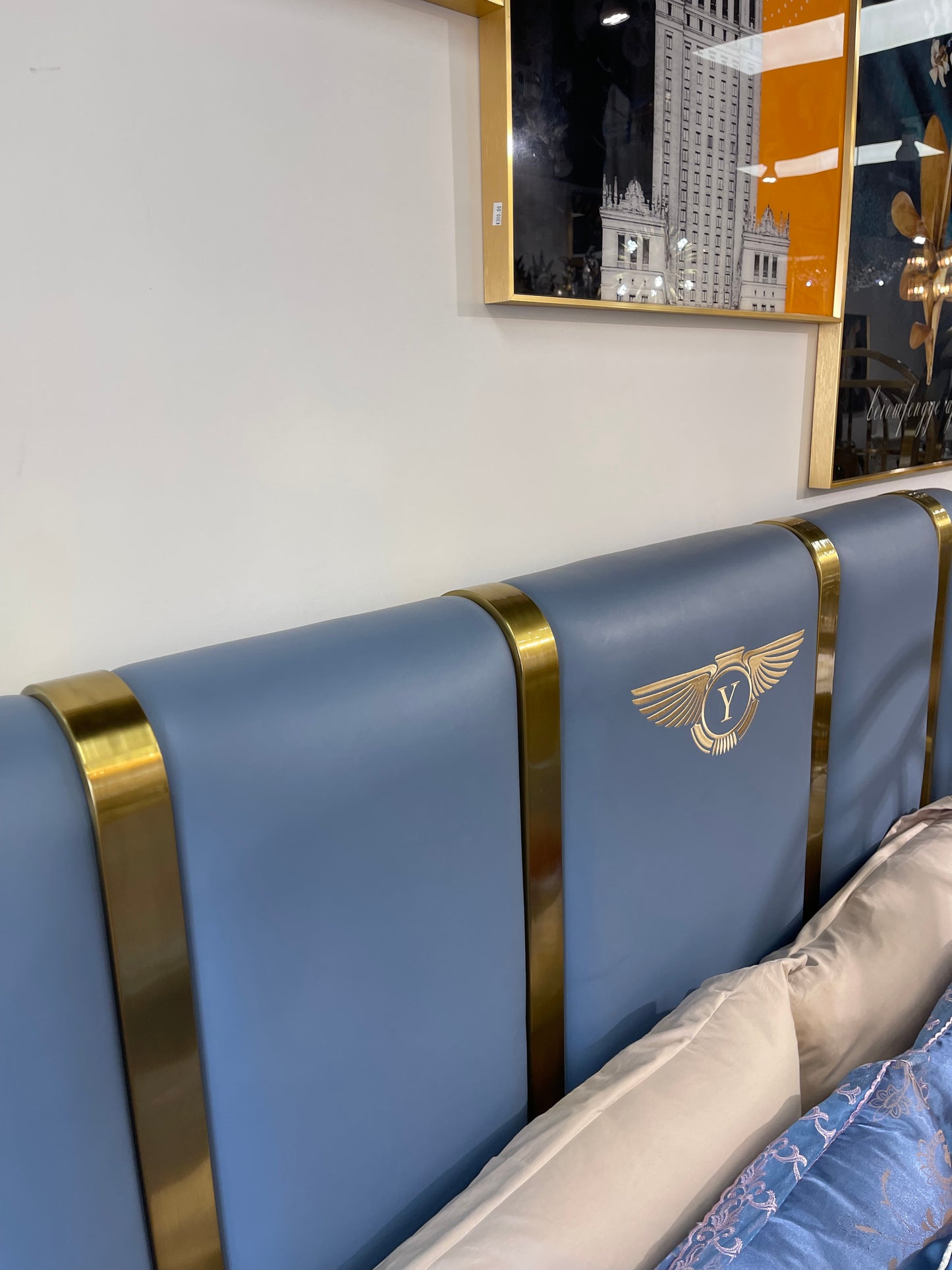 Blue Leather and Gold Titanium Bedframe