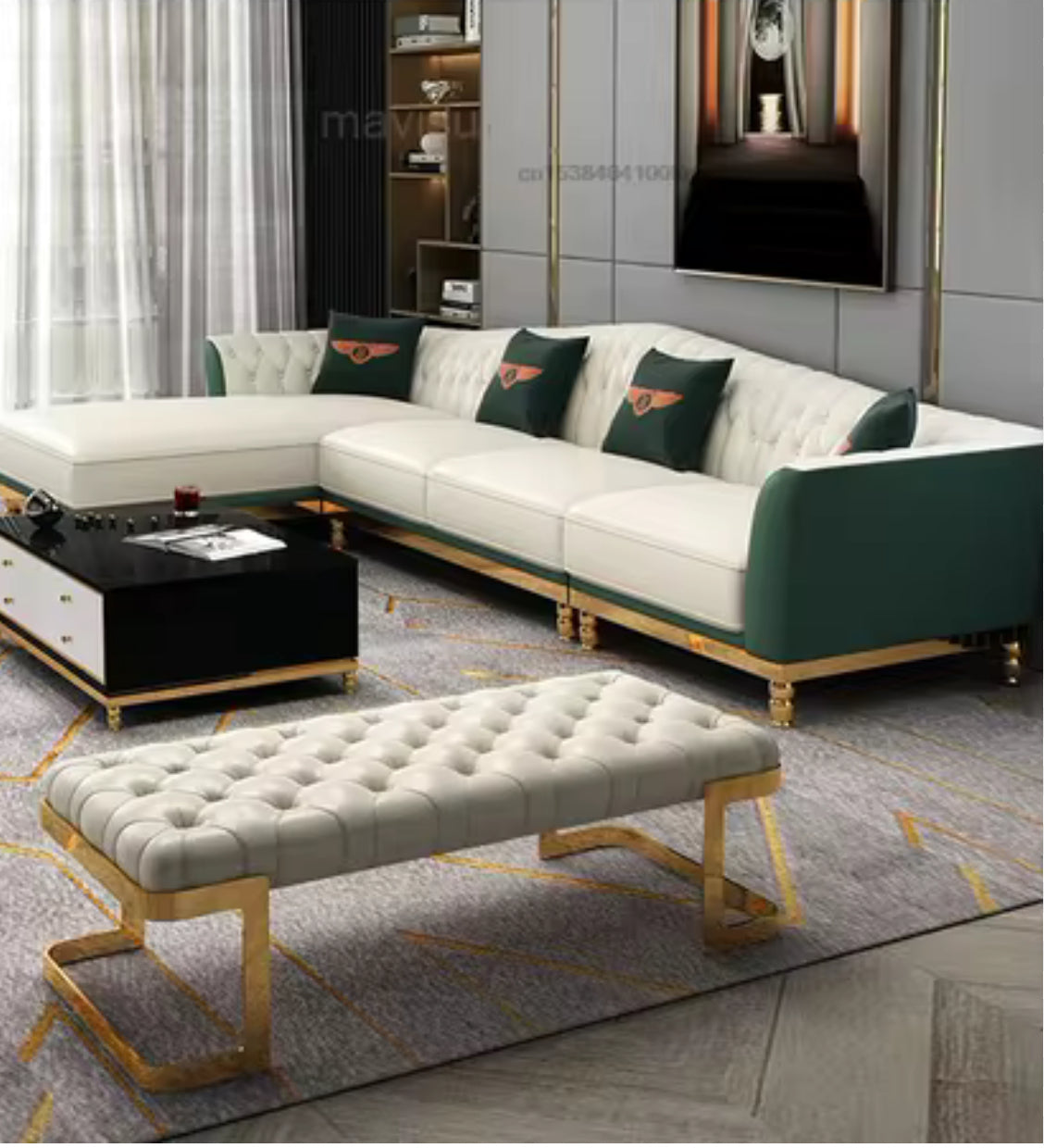 GG-White & Teal Leather Sectional  Sofa