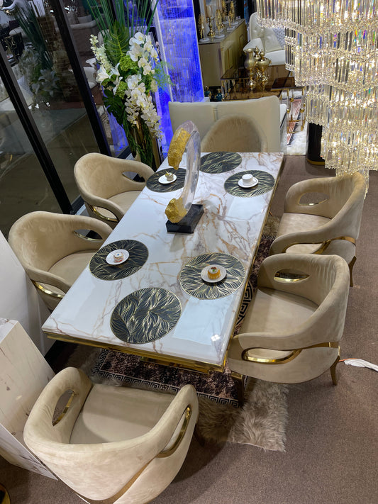 GGD-White Benz Modern Marble Dining Table & 6 Beige Chair Settee