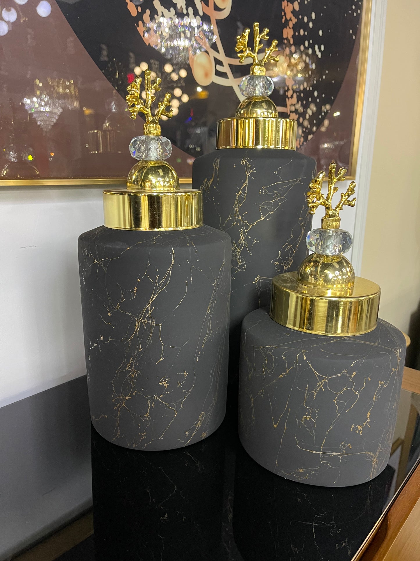 G-VJSER06 3-1 Gold Trim Black Decorative Jar Set