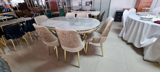 G-ES067 Cream Oval Glass Marble Top Dining Set