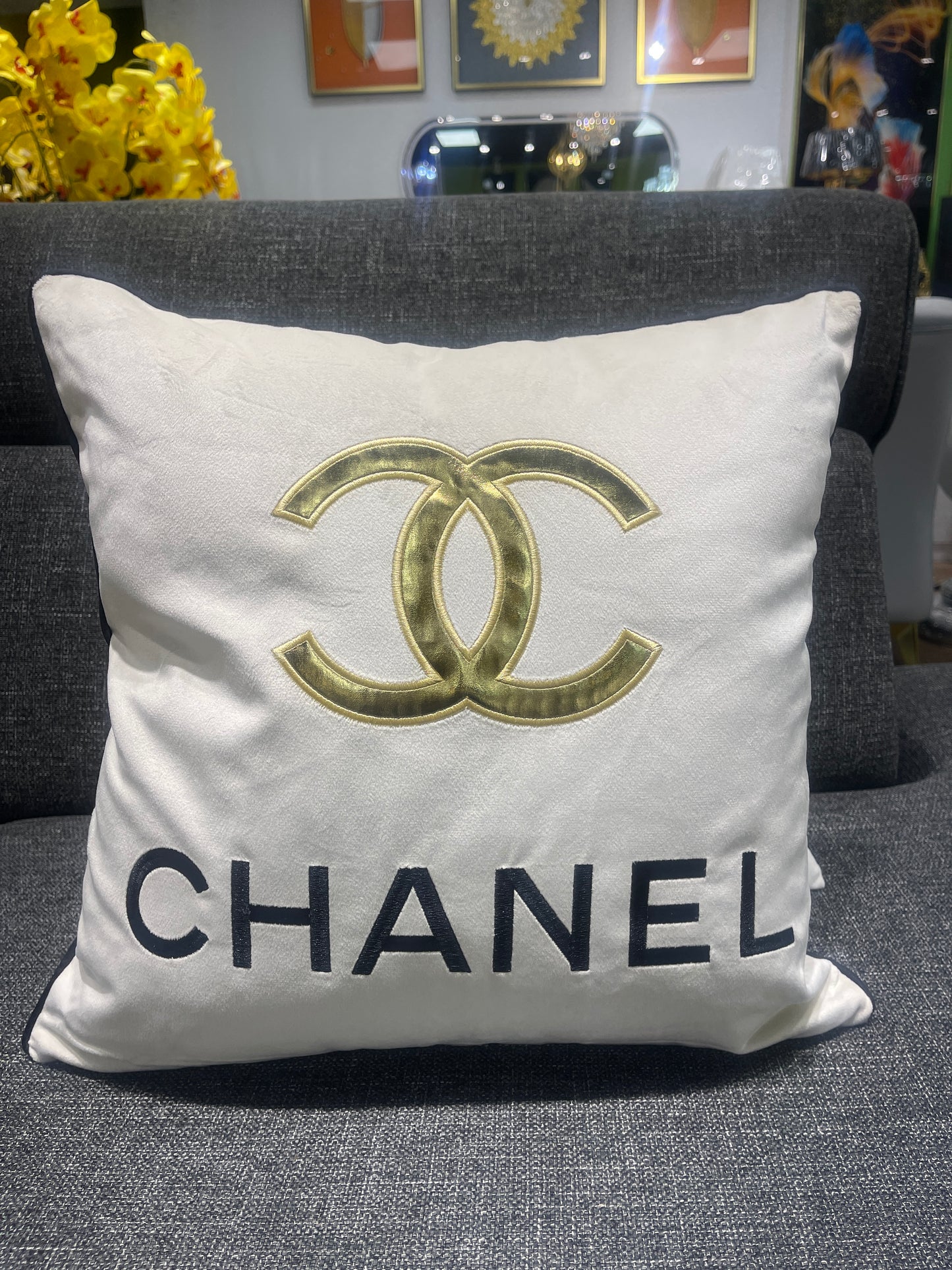 Cream Chanel Throw Pillow