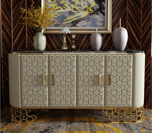 Oval Off-White Leather Marble Top Console Table