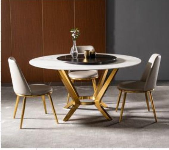 White Round Brass Gold Leg Dining Room Table Set