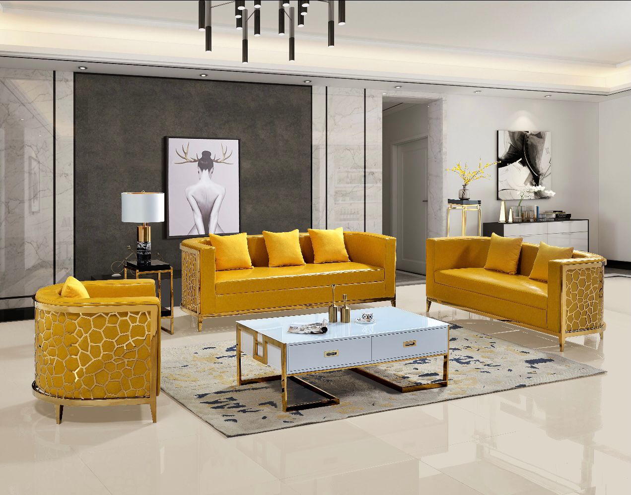 Yellow with Gold living room set