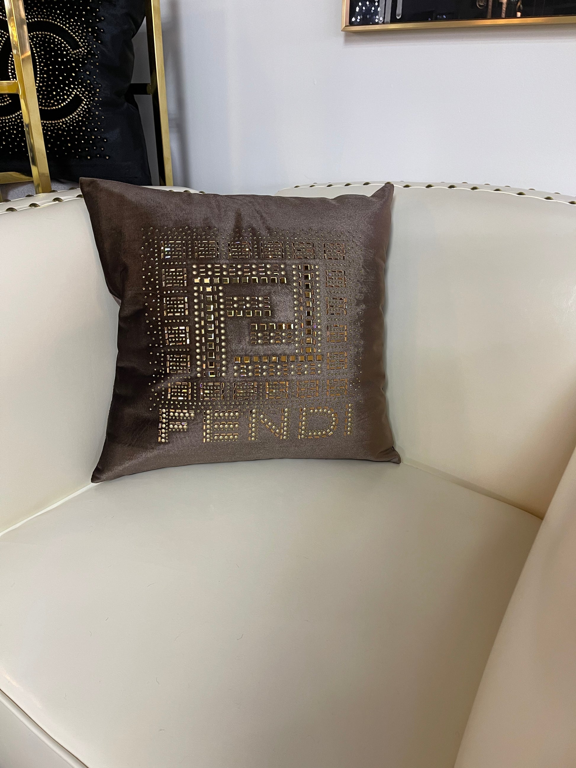 Brown and Gold Embroidered Fendi Throw Pillow – Ghenogas gallery