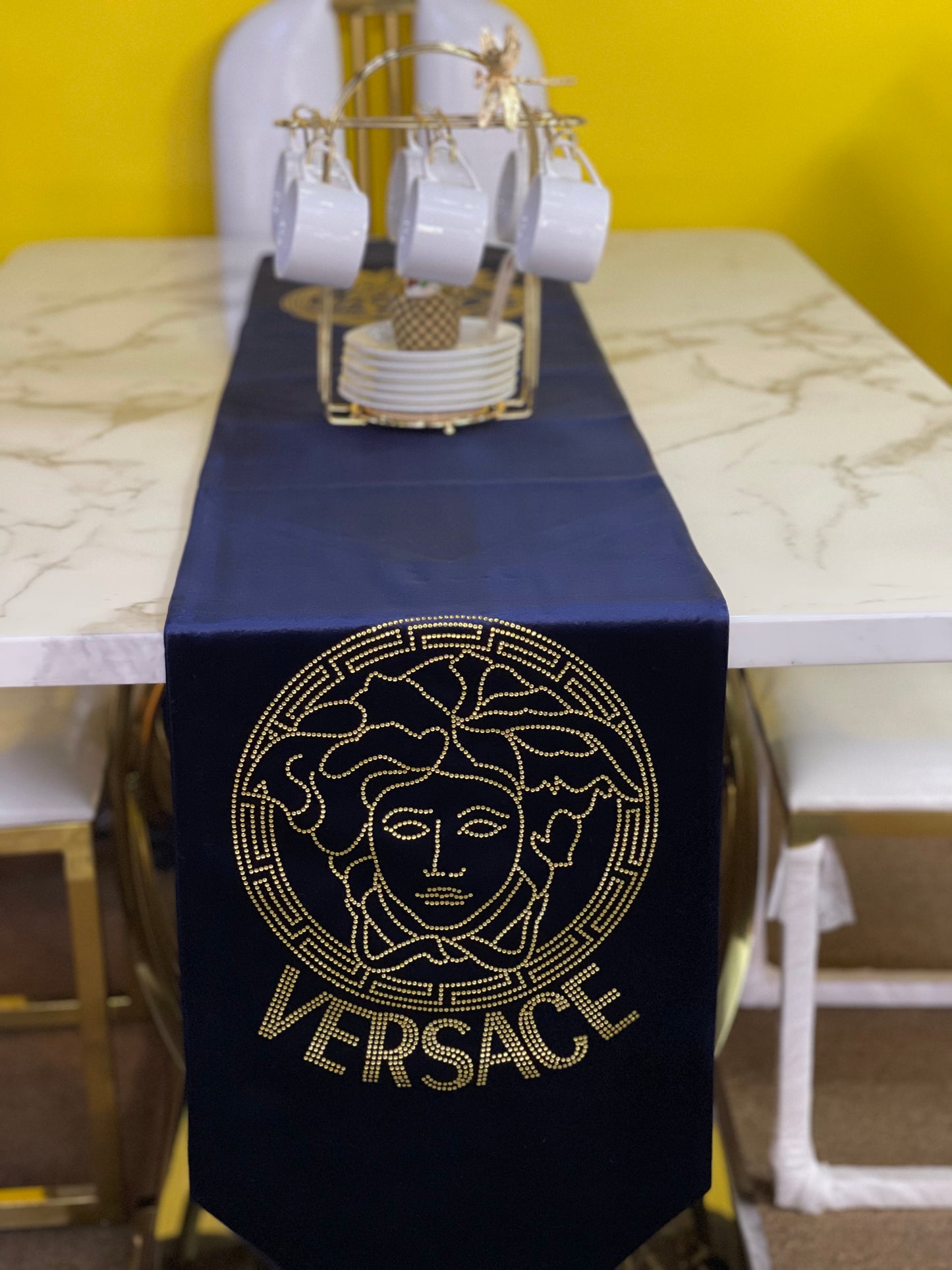 Blue with Gold Stone Embroidery Chanel Table Runner