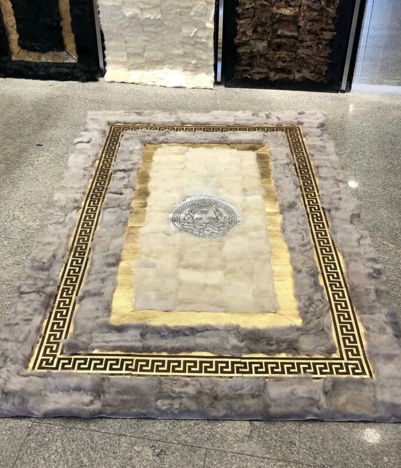 Grey, Gold, and White  Fluffy Versace Rug
