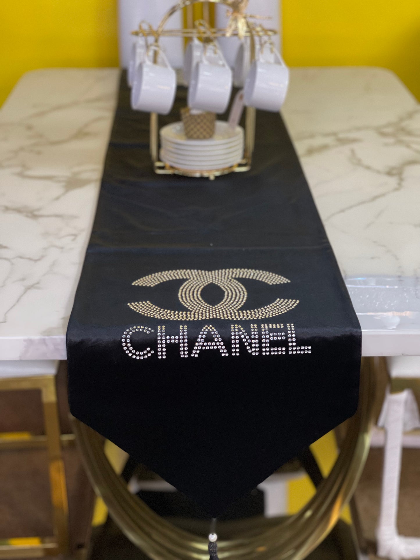 Black Embroidered Chanel Table Runner