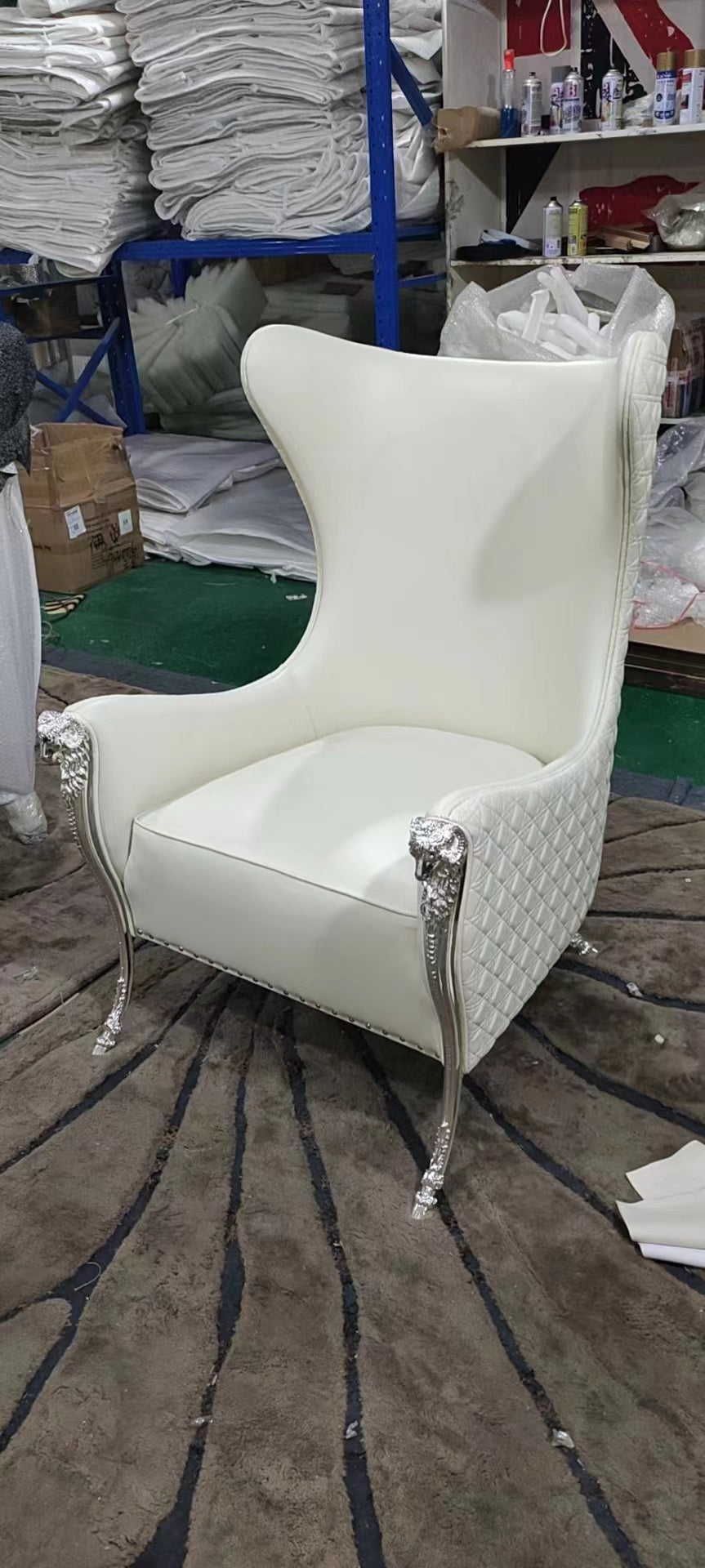 White Leather Accent Chair with Silver Trimming