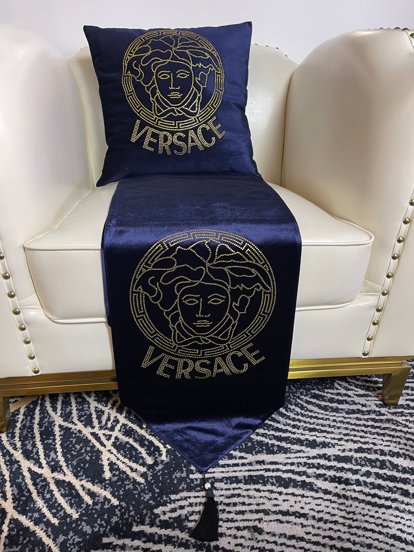 Blue Embroidered Versace Table Runner