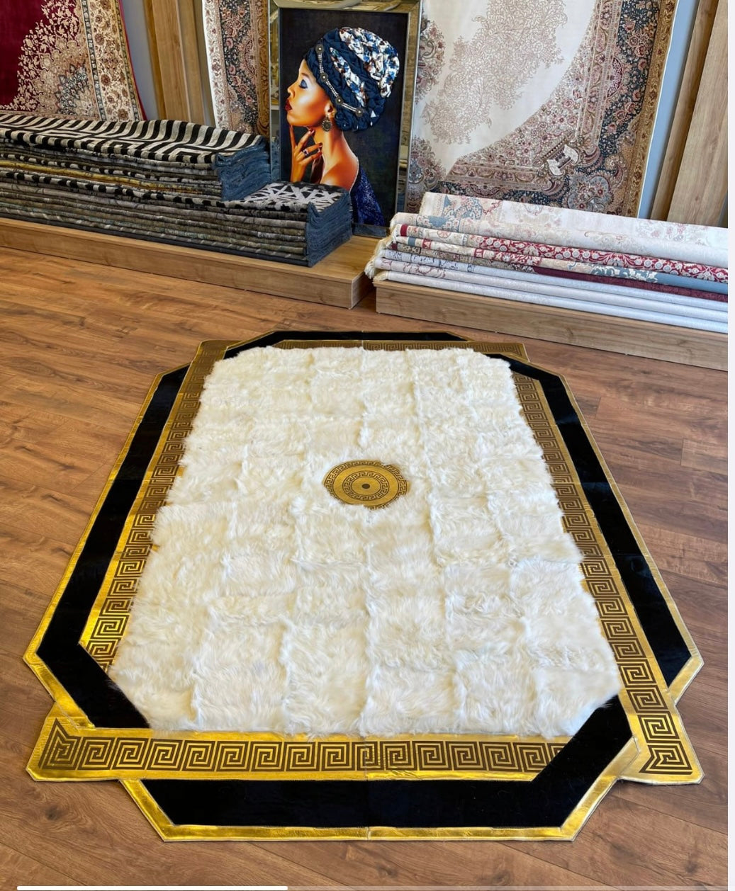 White, Black, and Gold Versace Rug
