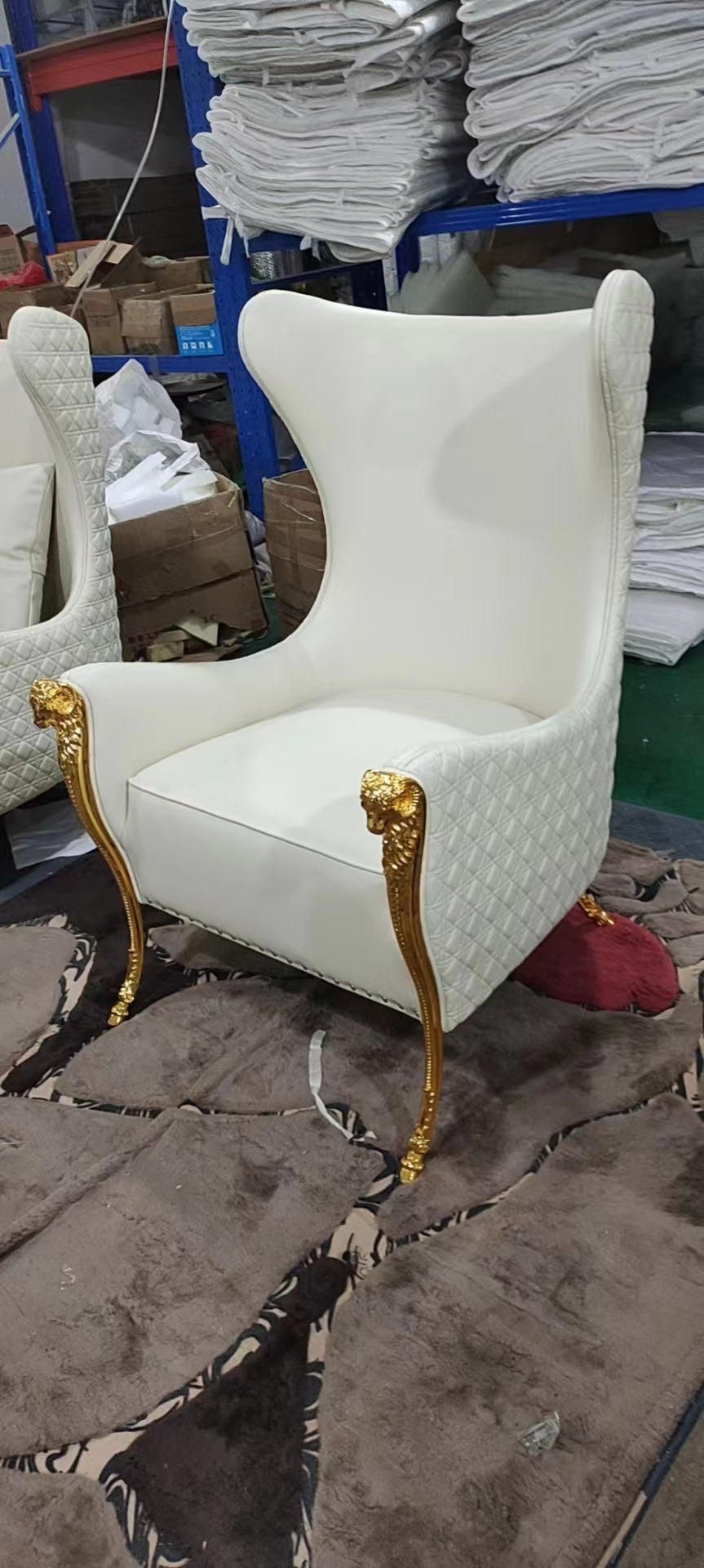 White Leather Accent Chair with Gold Trimming