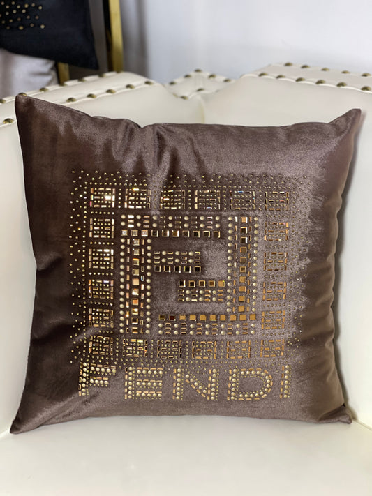 Brown and Gold  Embroidered Fendi Throw Pillow