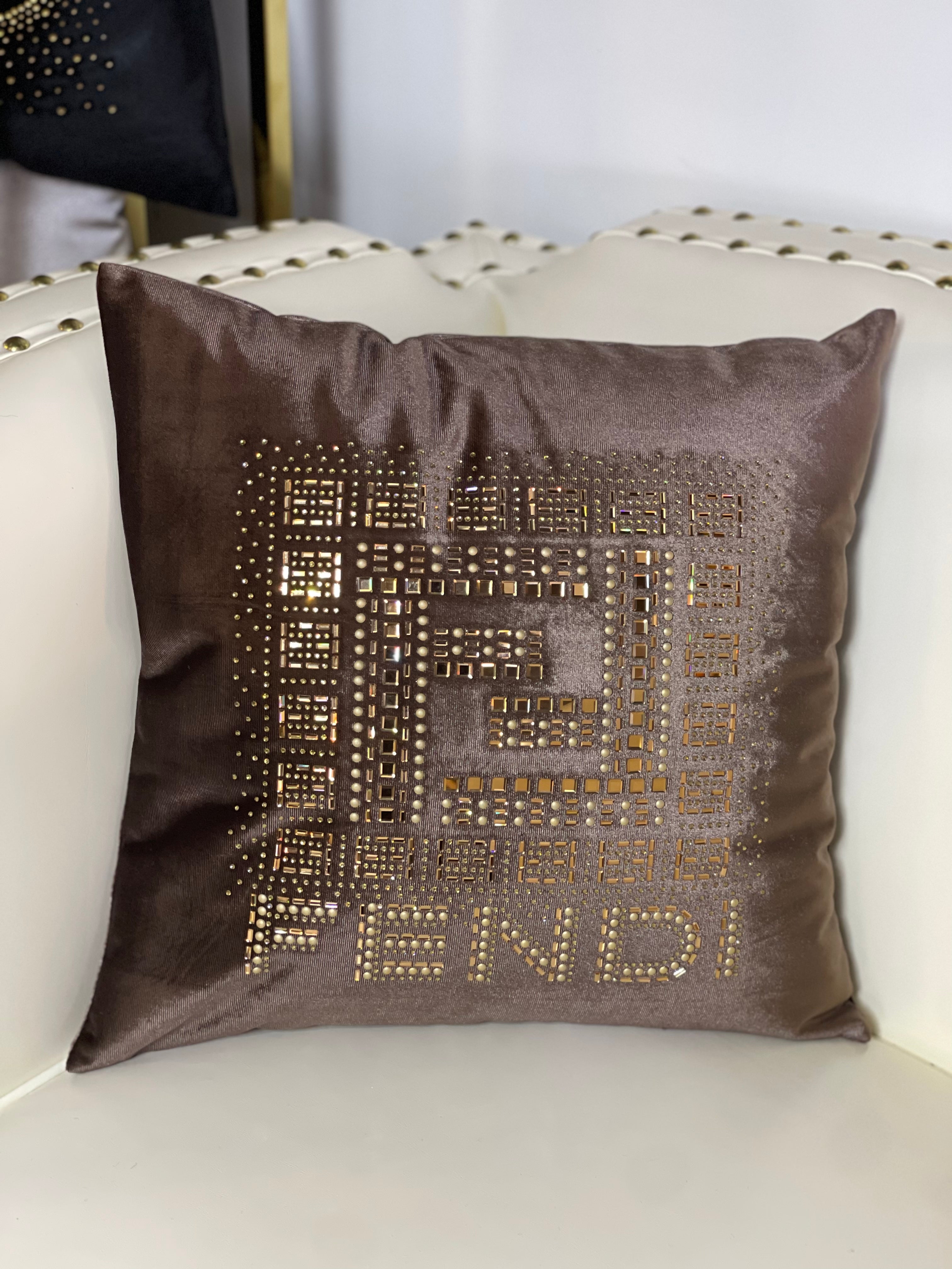 Brown and Gold Embroidered Fendi Throw Pillow