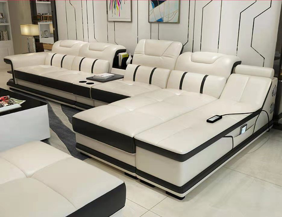 White and Black Leather Sectional