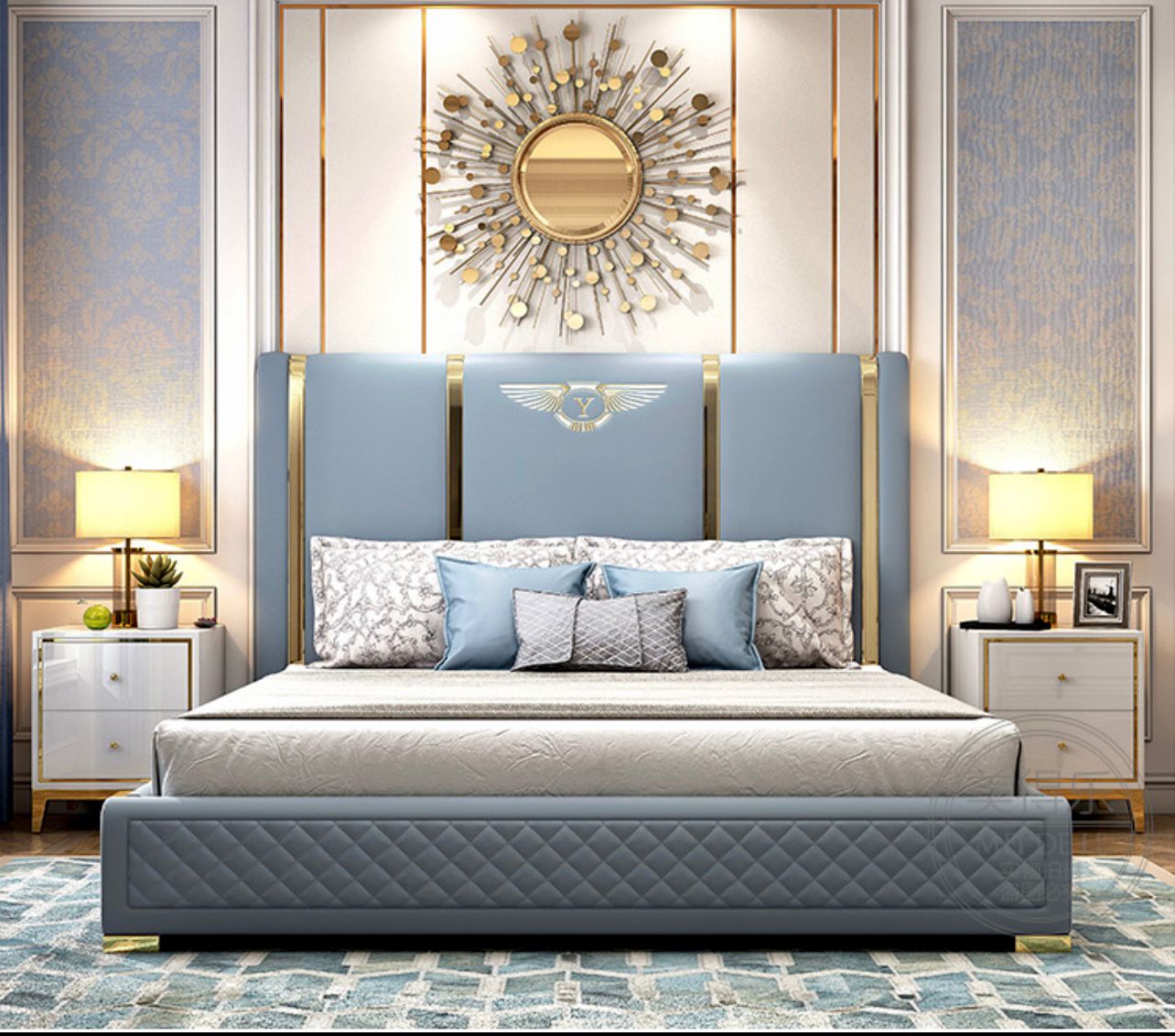 Blue Leather and Gold Titanium Bedframe