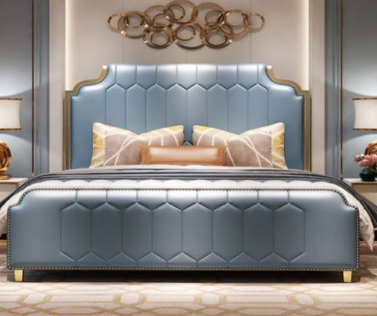 Blue Leather and Gold steel Bed Frame