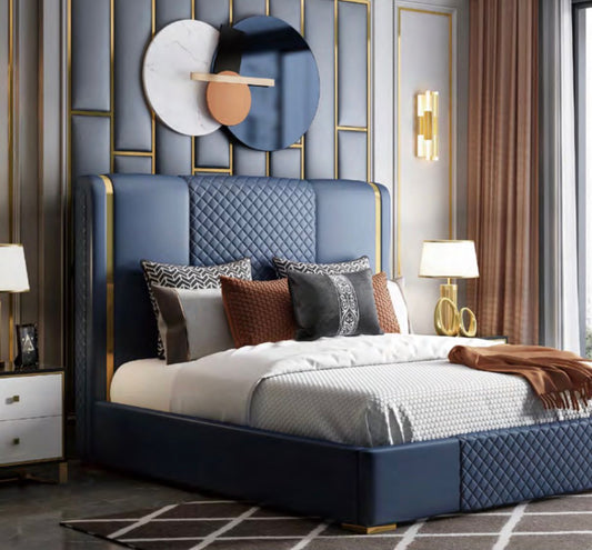 STEEL AND LEATHER BLUE AND GOLD BED FRAME
