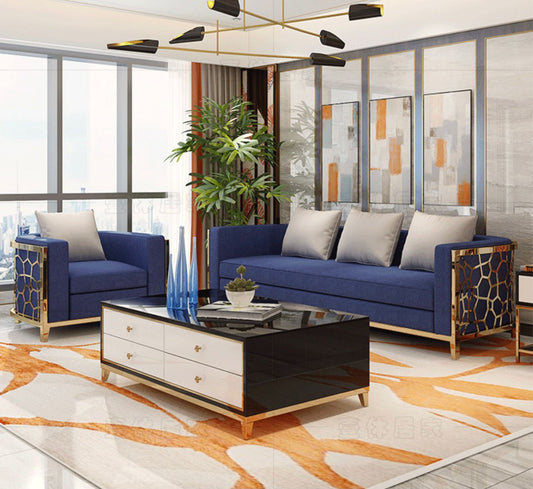 Blue With Gold Sofa Living Room Set