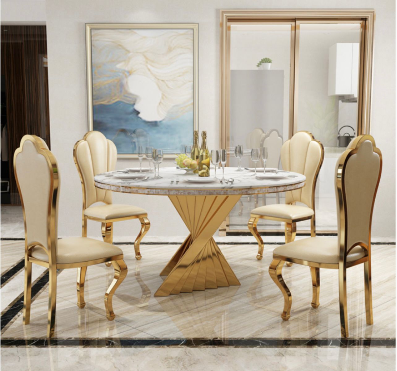 Marble Round Table Top with Gold Spiraling Legs Dining Room Set