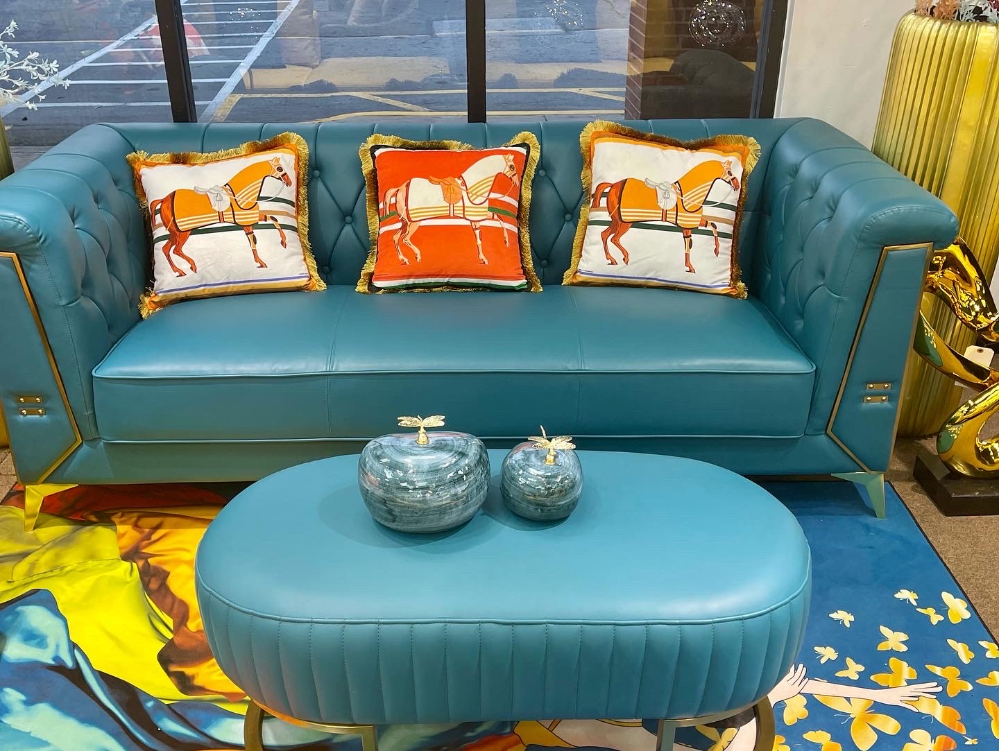 Teal and deals gold sofa