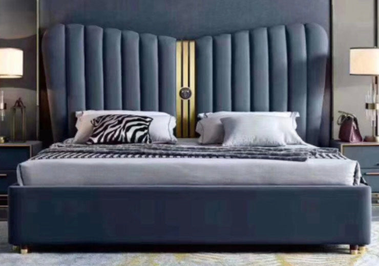 Blue Modern Leather and Titanium Gold Steel Bed