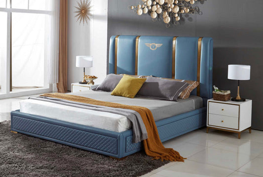 Blue Leather and Gold Titanium Modern Bedframe