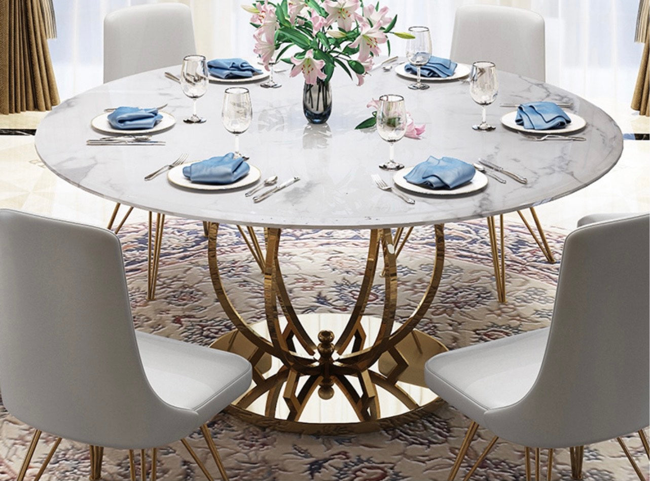 MODERN DINING TABLE WITH OVAL MARBLE TOP AND METAL FRAME.