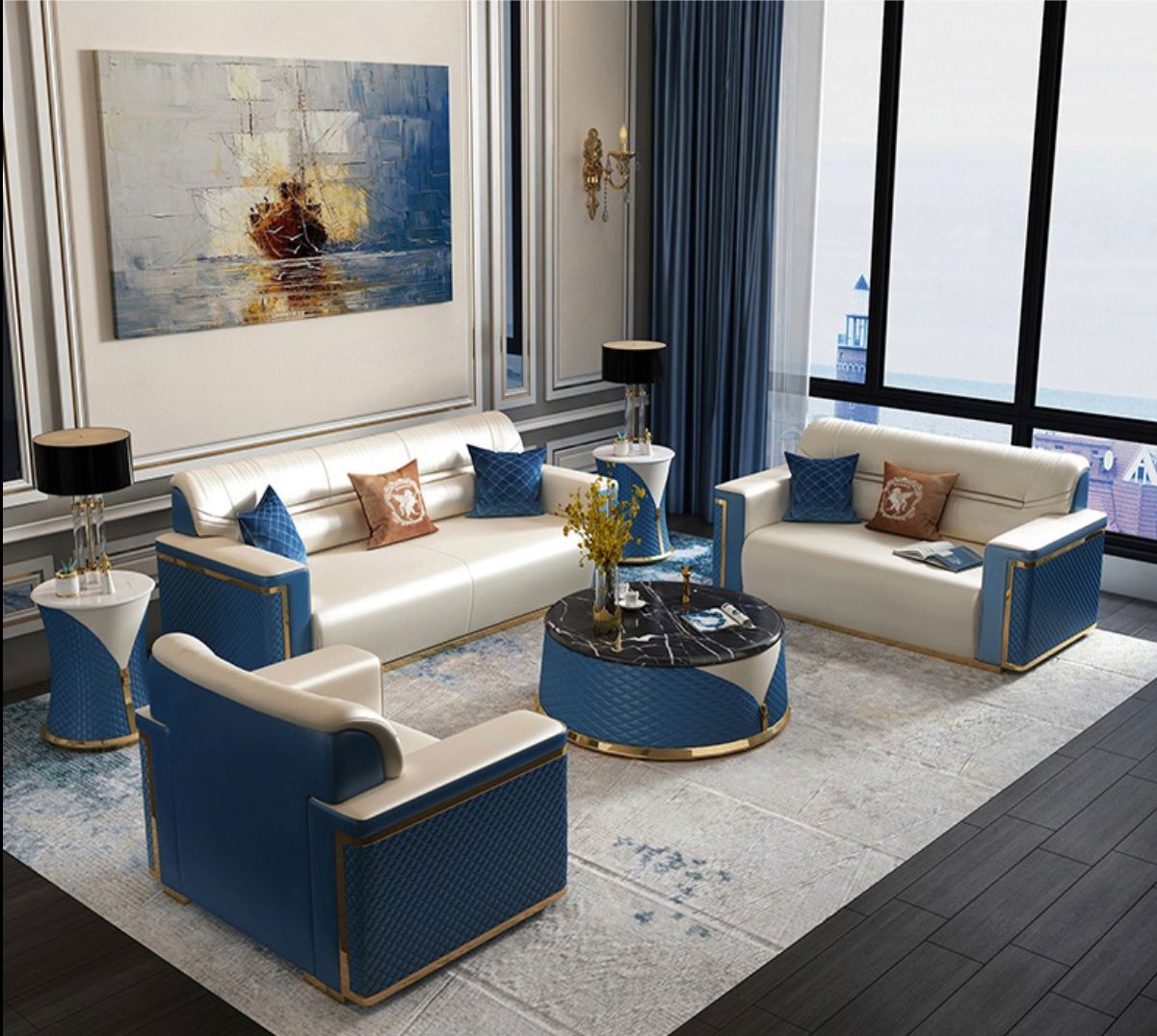 Royal Blue With Cream Living Room Set