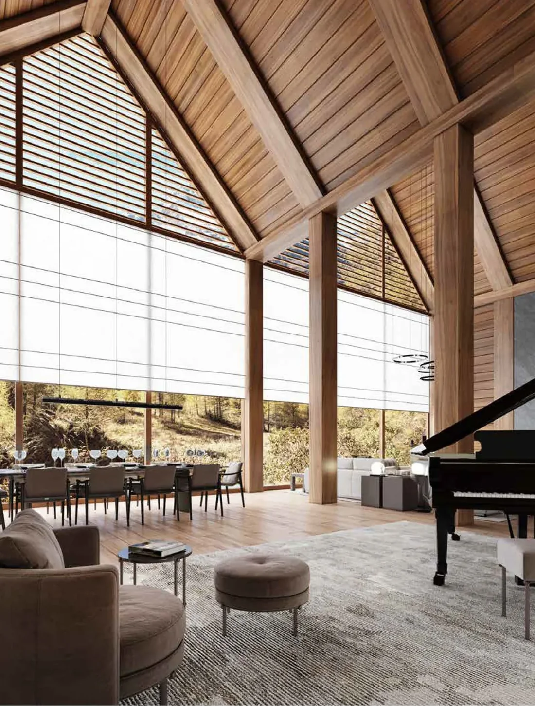 Wood and Washi custom window systems in a timber interior
